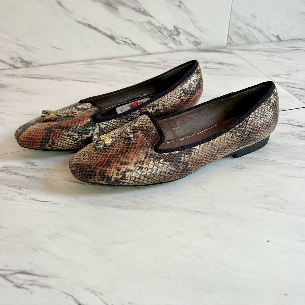 Nicole Miller Faux Snakeskin Tassel Loafers in Brown and Black - Picture 2 of 4
